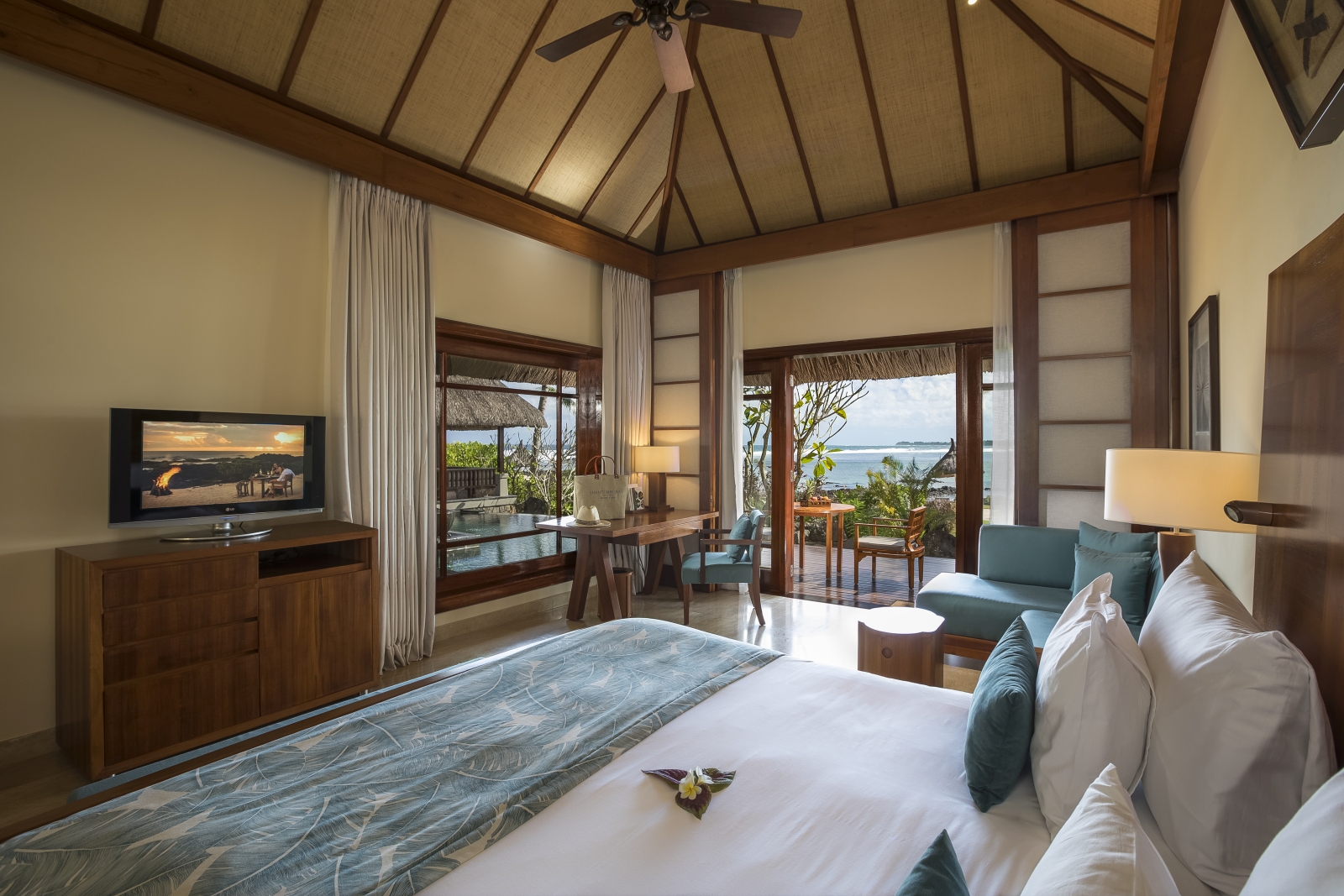 Interior of a Beachfront Pool Villa Bedroom at Shanti Maurice