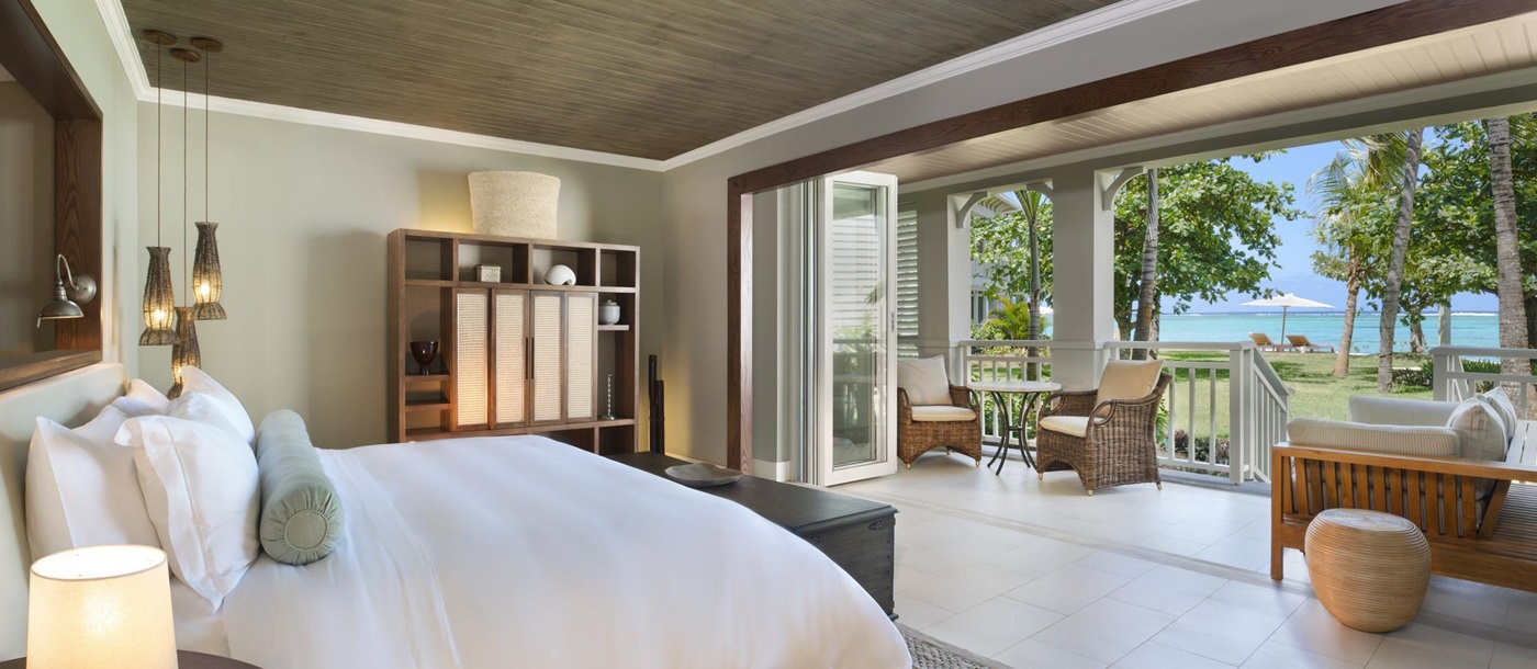 A deluxe double bedroom at St Regis Mauritius