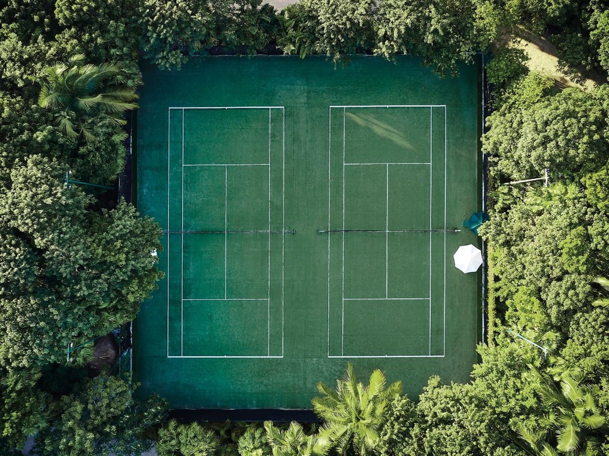 Aerial view of the tennis courts at Belmond Maroma in Mexico