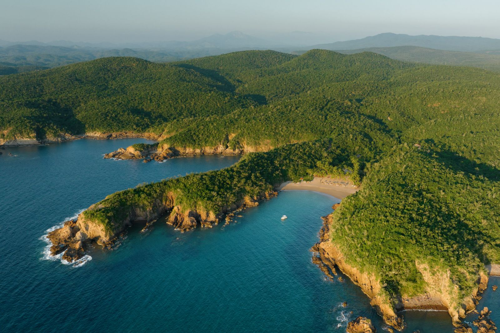 Aerial view of Cuixmala bay on Mexico's Pacific Coast