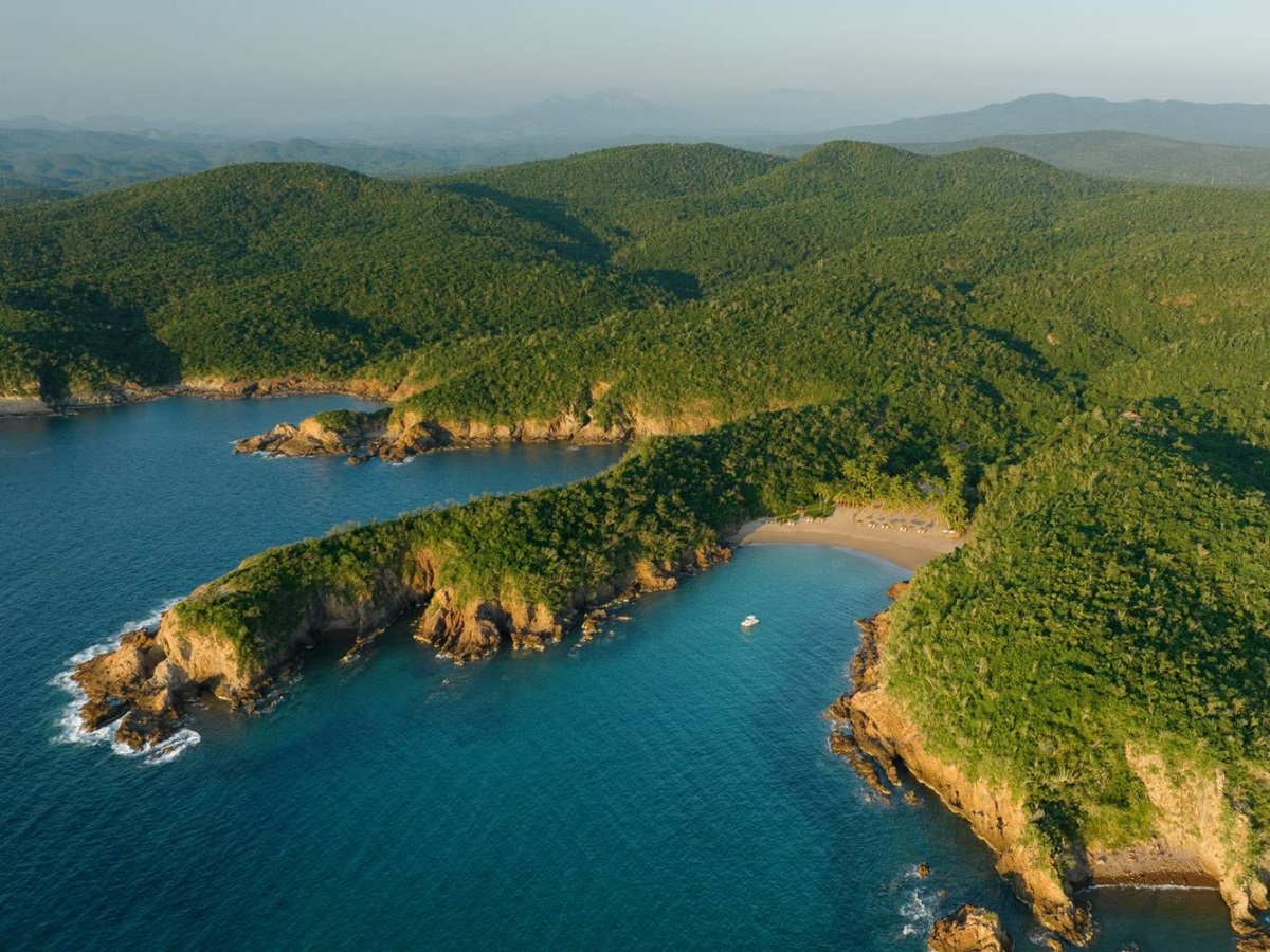 Aerial view of Cuixmala bay on Mexico's Pacific Coast