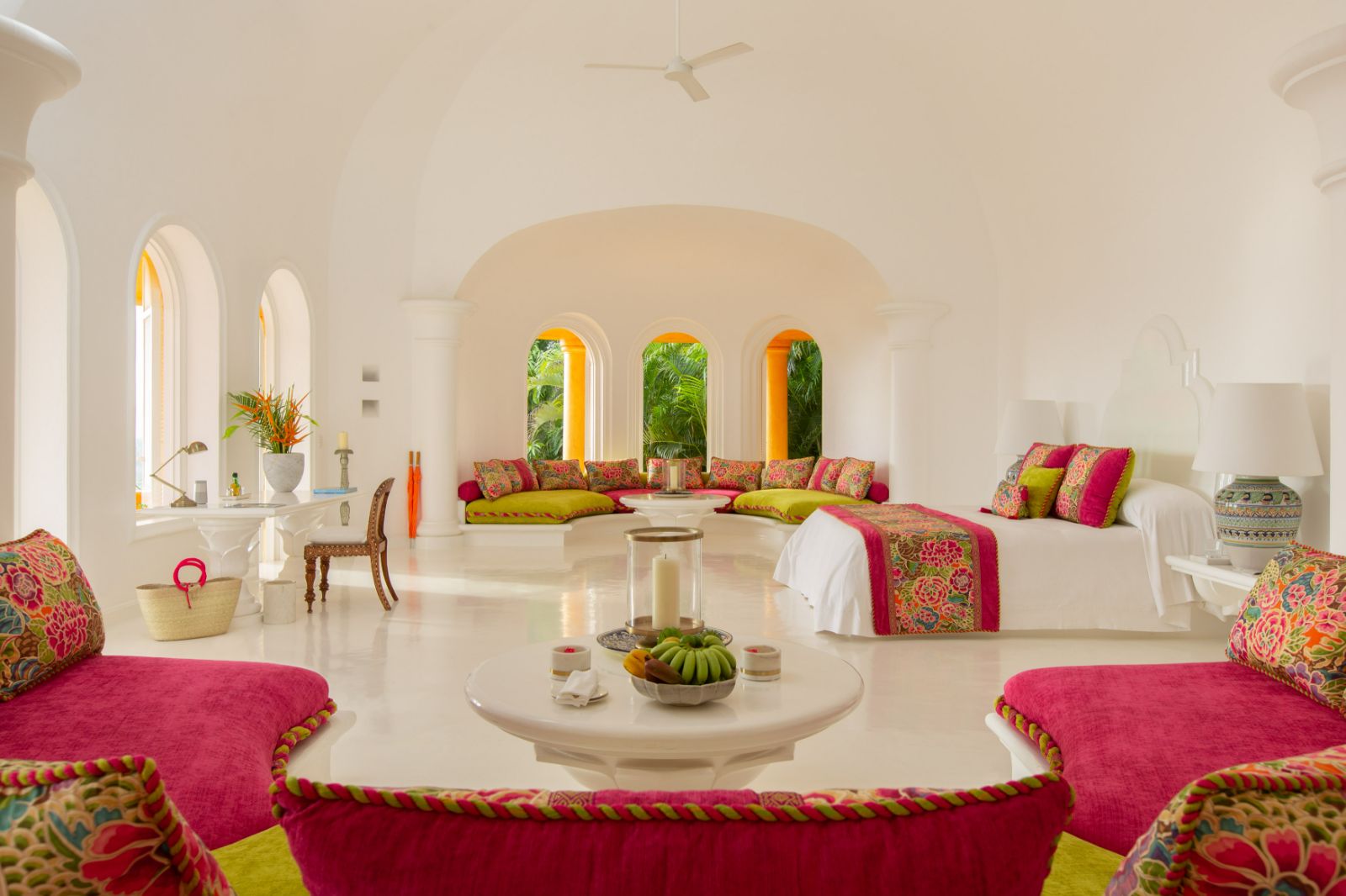 Bungalow bedroom and living area at Cuixmala on Mexico's Pacific Coast