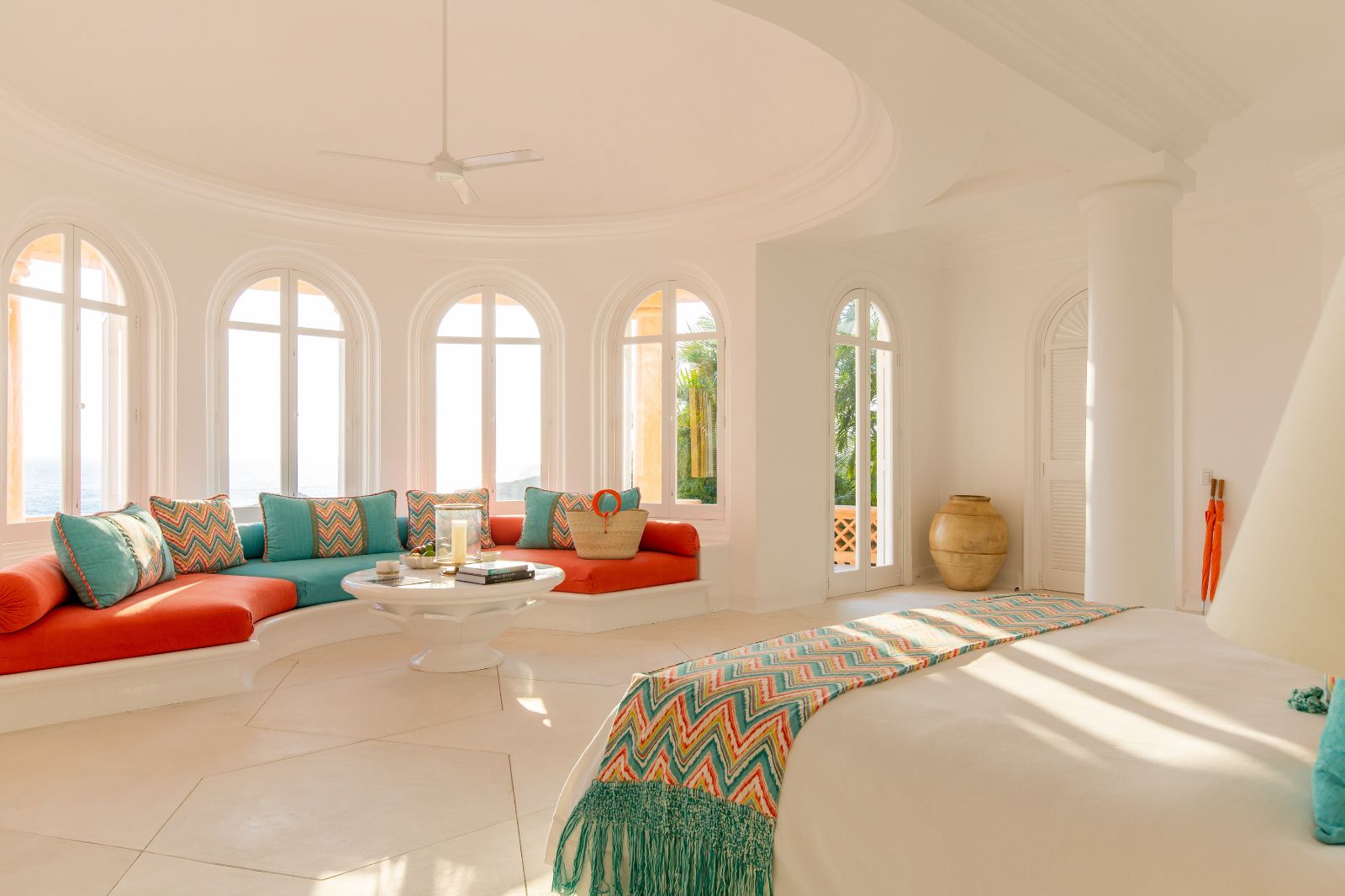 Bungalow bedroom and living area at Cuixmala on Mexico's Pacific Coast