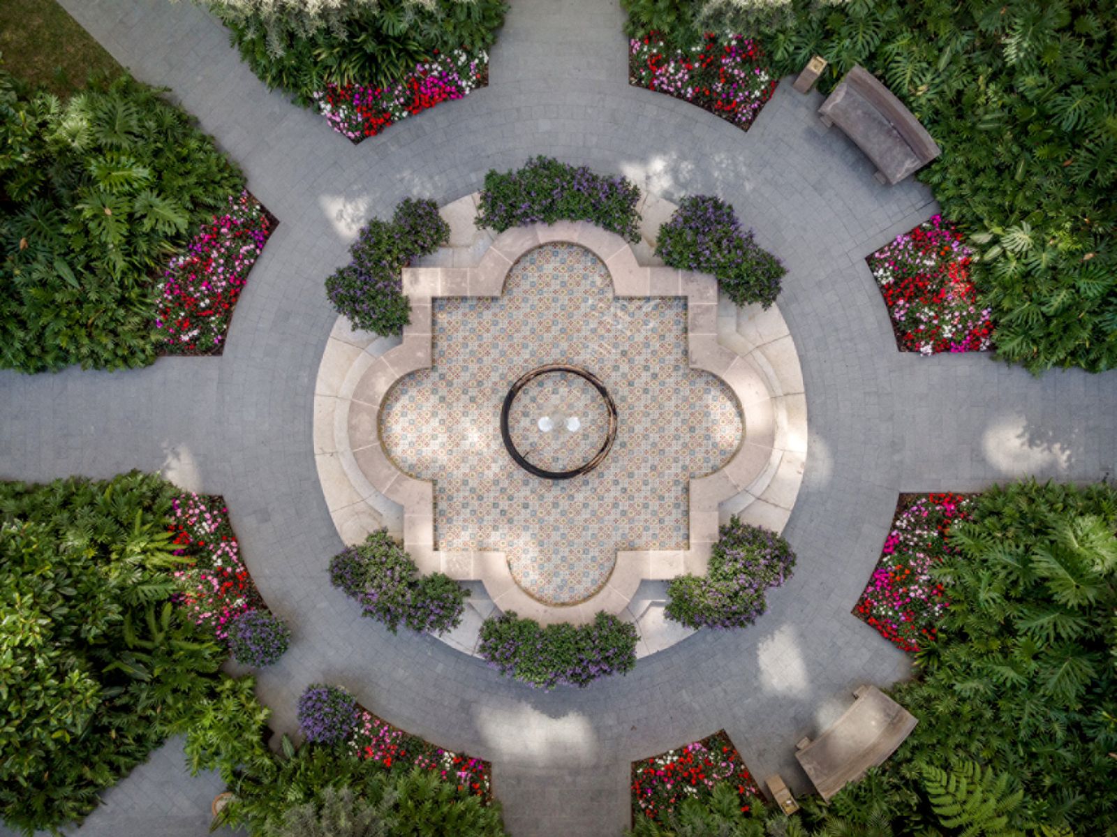 Aerial view of courtyard gardens at Four Seasons hotel in Mexico City
