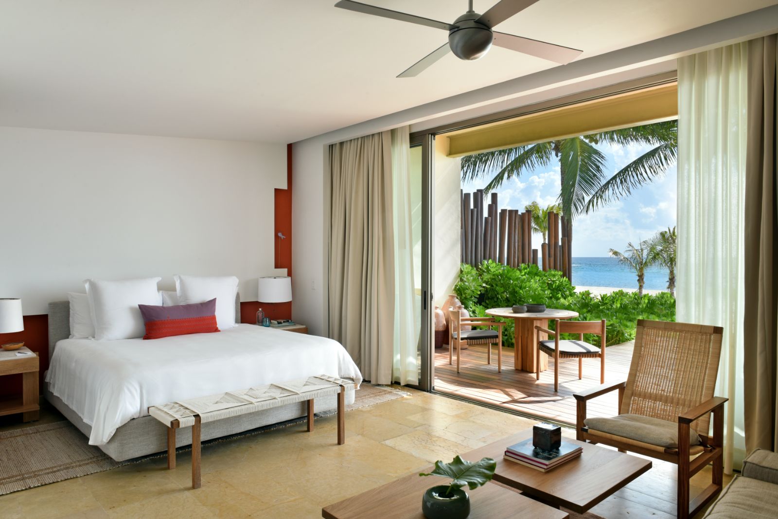 Beachfront studio suite bedroom at Rosewood Mayakoba on the Riviera Maya in Mexico