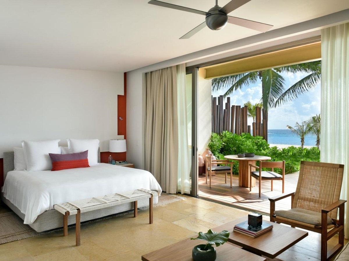 Beachfront studio suite bedroom at Rosewood Mayakoba on the Riviera Maya in Mexico