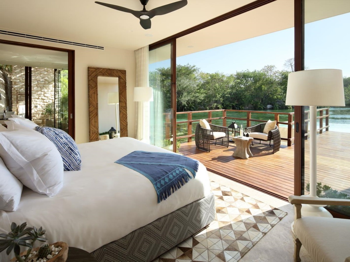 Coral villa master bedroom at Rosewood Mayakoba on the Riviera Maya in Mexico