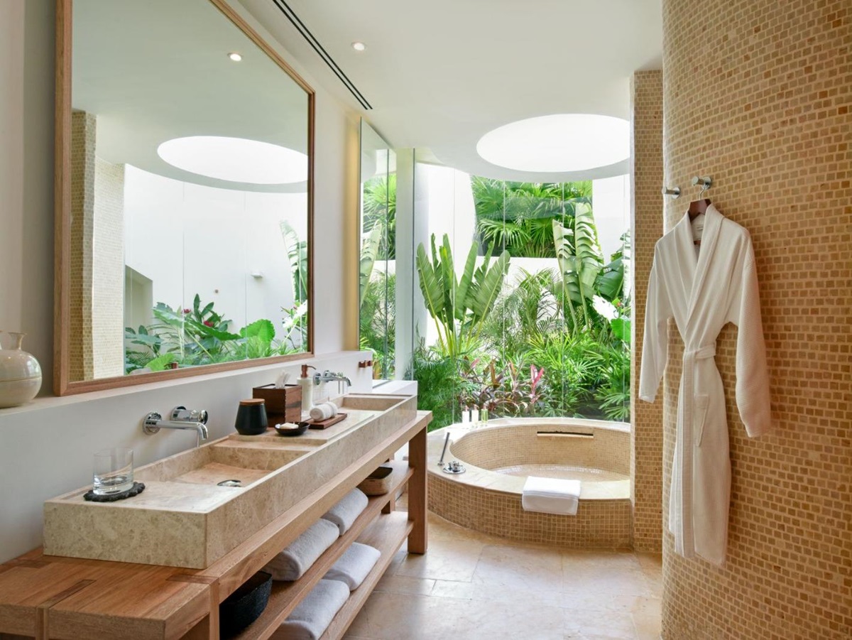 Deluxe lagoon studio suite bathroom at Rosewood Mayakoba on the Riviera Maya in Mexico