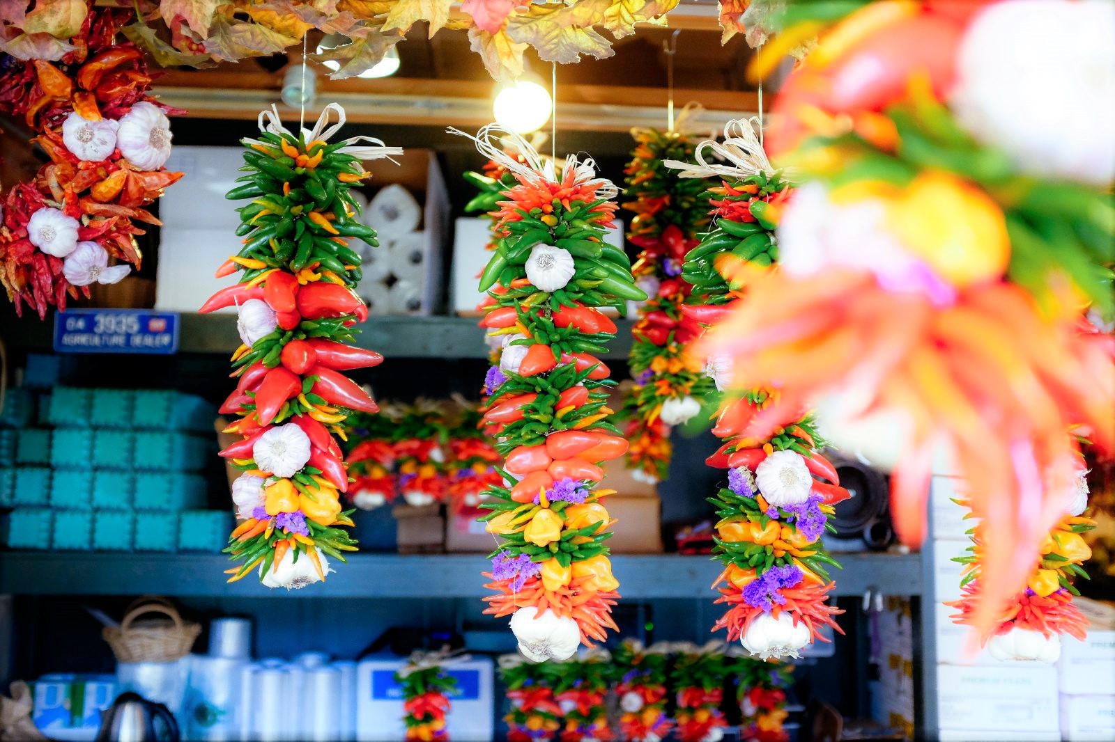 Chillies hanging from a market stall in Mexico