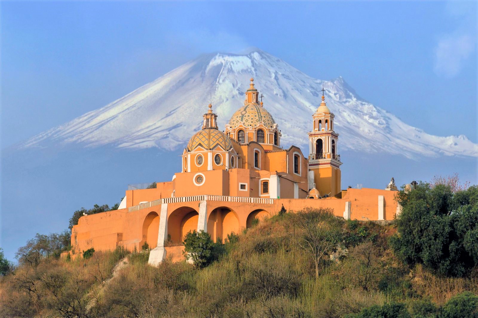 Puebla church and mountains in Mexico