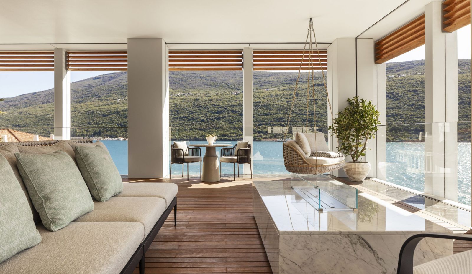 Terrace and Boka views from a suite at the One&Only Portonovi in Montenegro