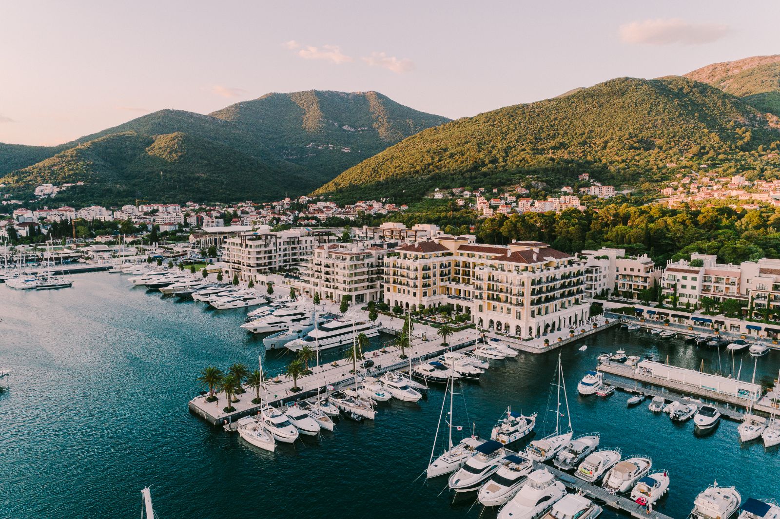 Aerial view of the marina ta Regent Porto Montenegro in the Boka Bay of Montenegro