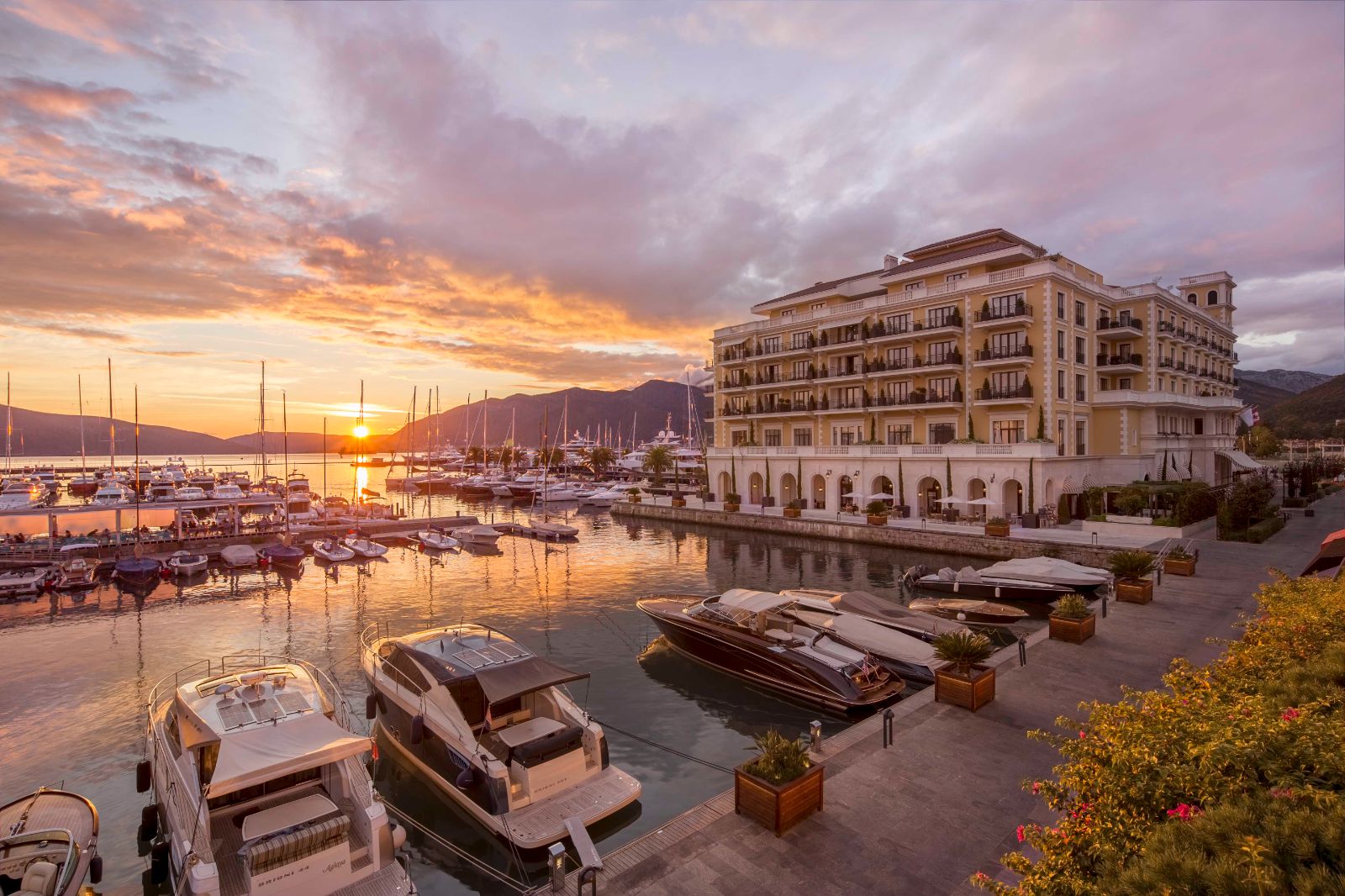 Marina at sunset on the grounds of Regent Porto Montenegro in the Boka Bay of Montenegro