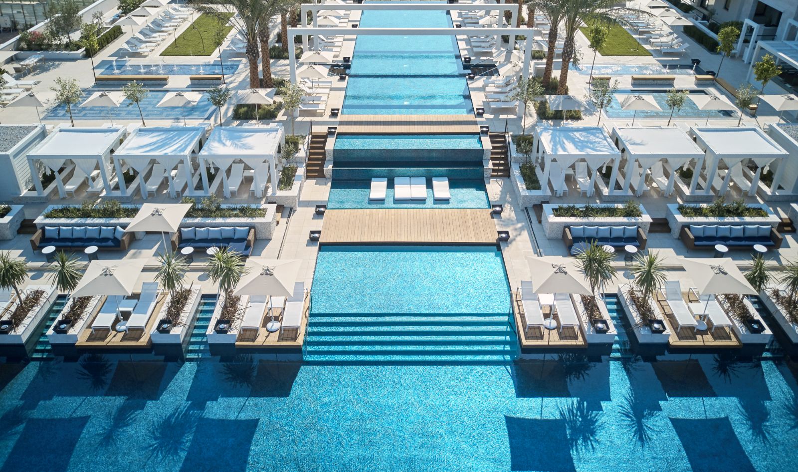 Aerial view of the Pool Club at Regent Porto Montenegro in the Boka Bay of Montenegro