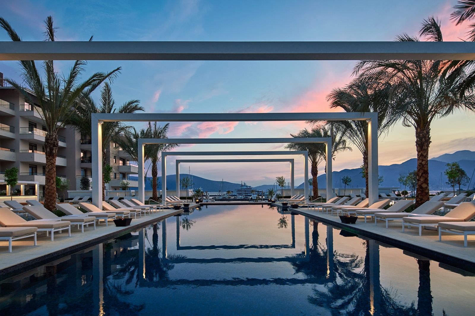 Poolside at Regent Porto Montenegro in the Boka Bay of Montenegro