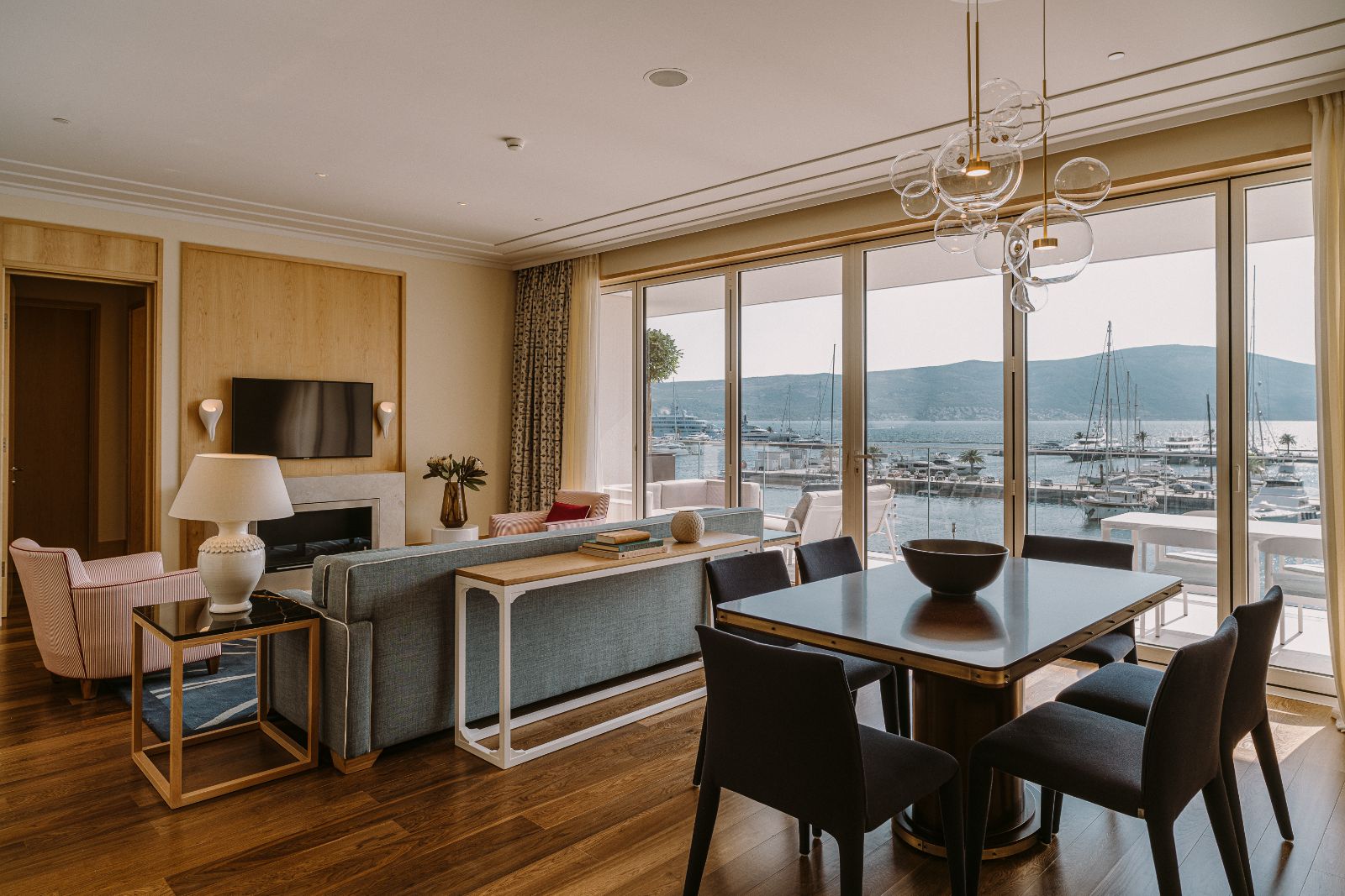 Ocean view guest suite lounge at Regent Porto Montenegro in the Boka Bay of Montenegro