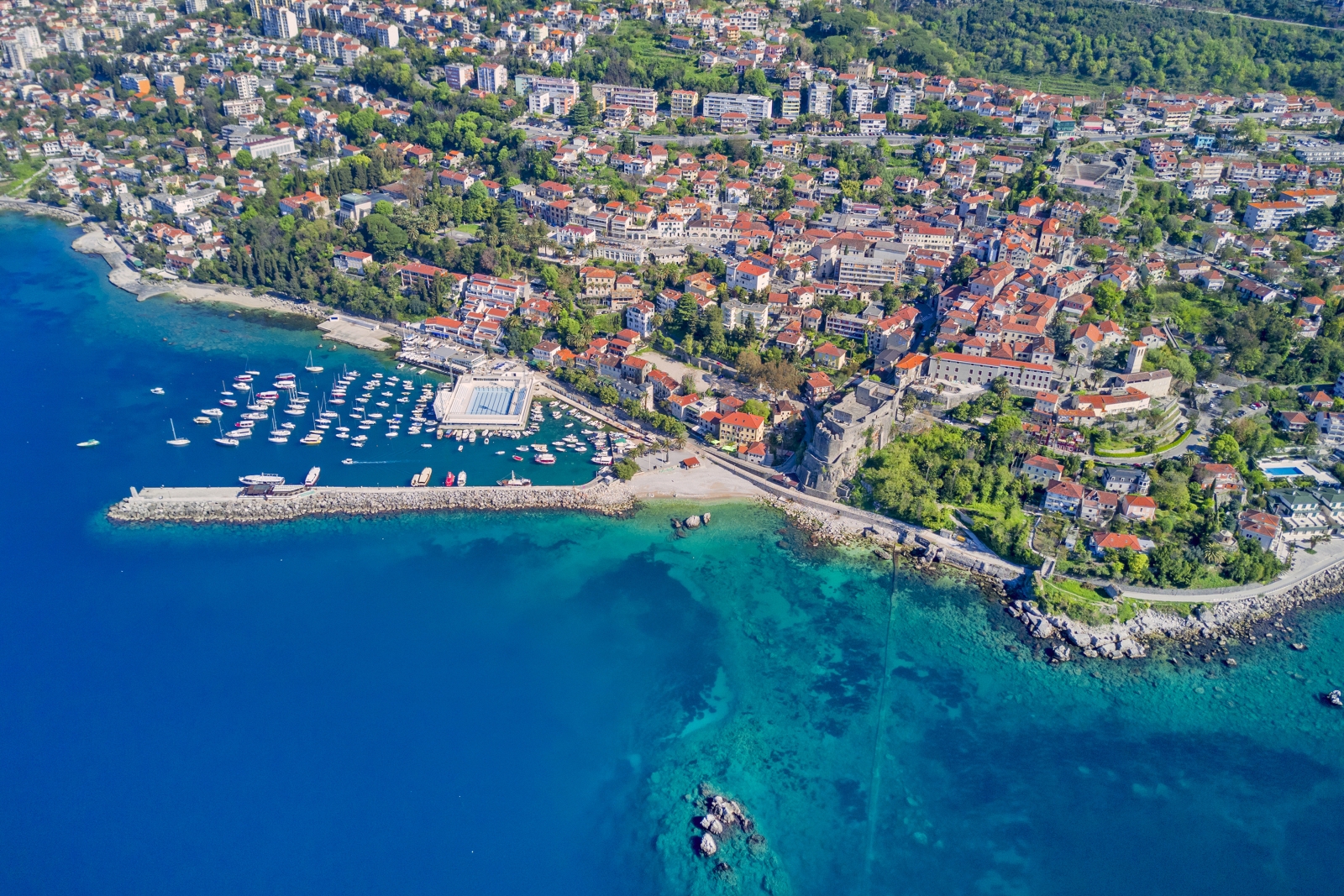 Aerial view of Herceg Novi, Montenegro, and its harbour