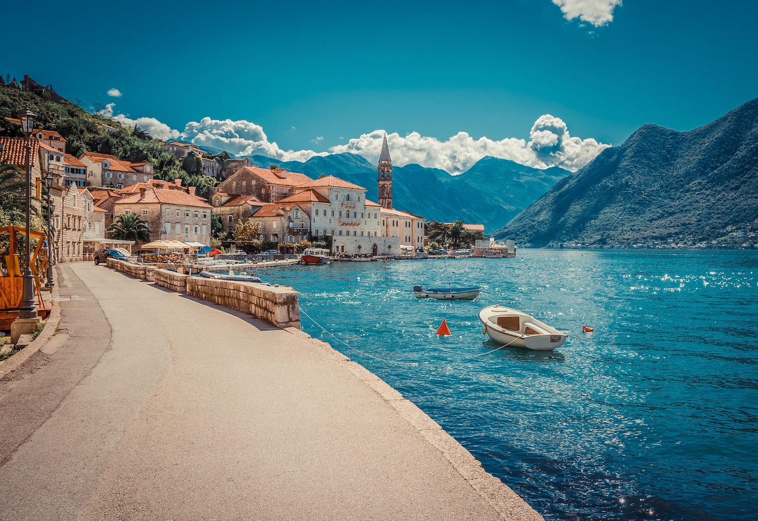 View along the harbor of Perast, Montenegro