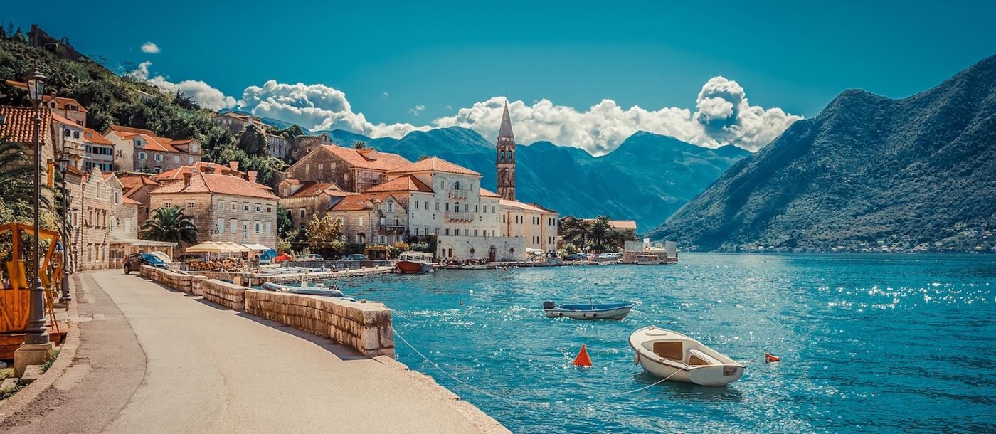 View along the harbor of Perast, Montenegro