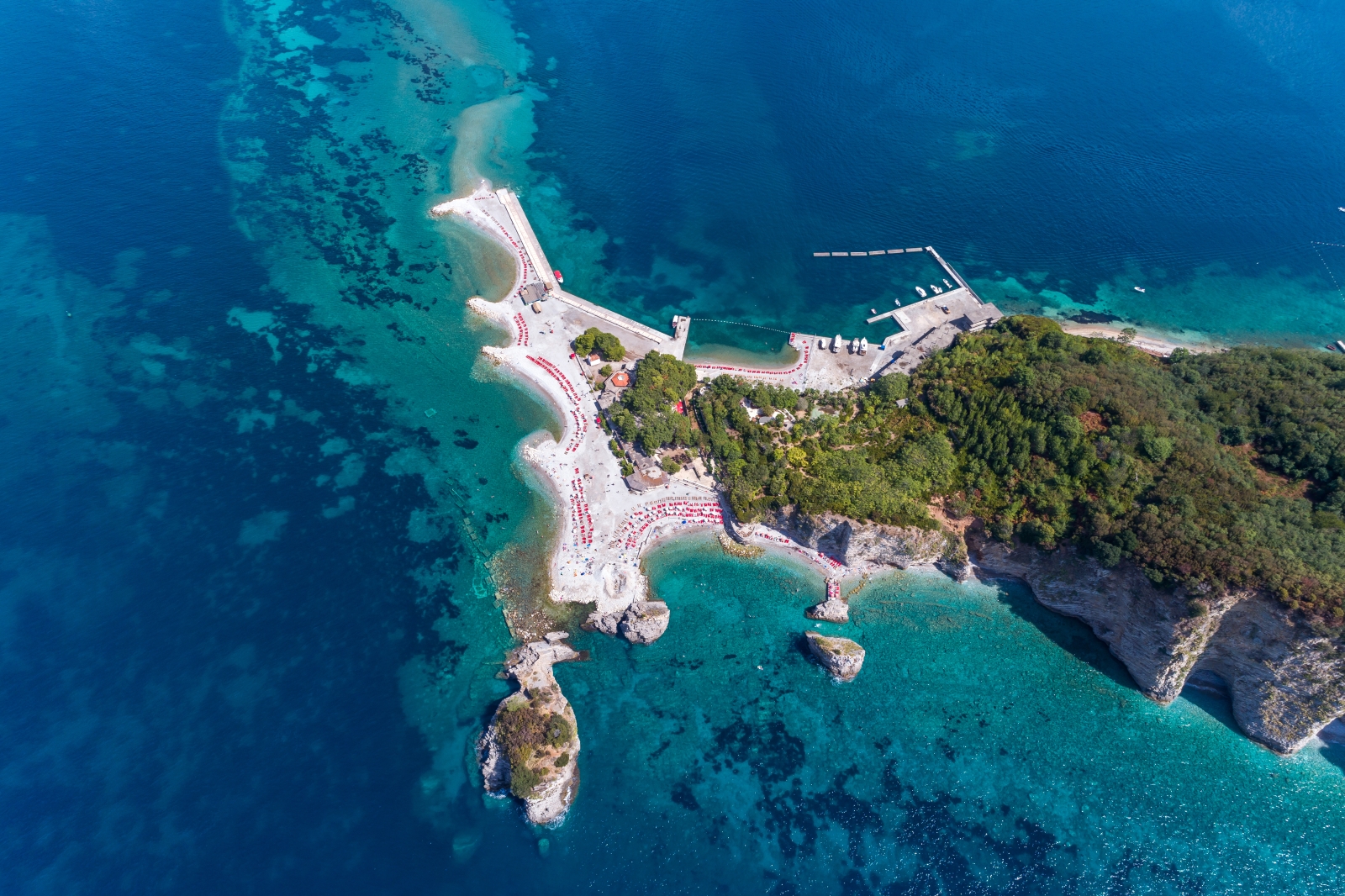 Aerial view of Saint Nikola island with white sand beaches and turquoise waters