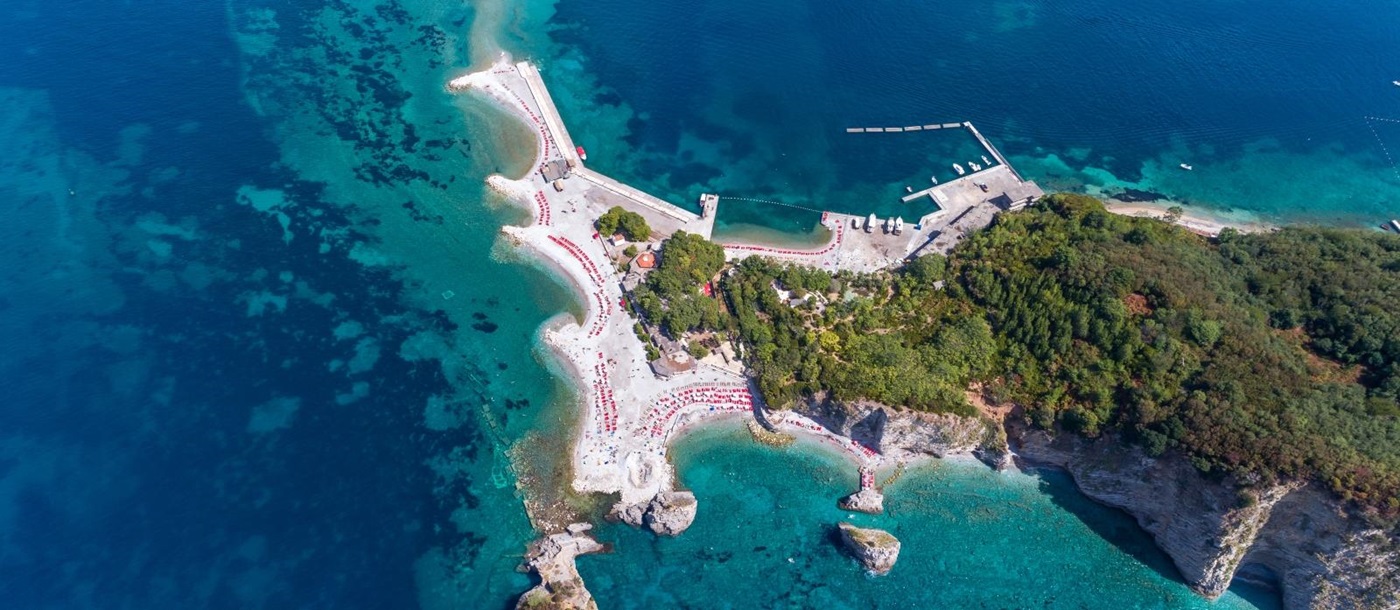 Eariel view of Saint Nikola island iwht white sand beaches and turquoise waters