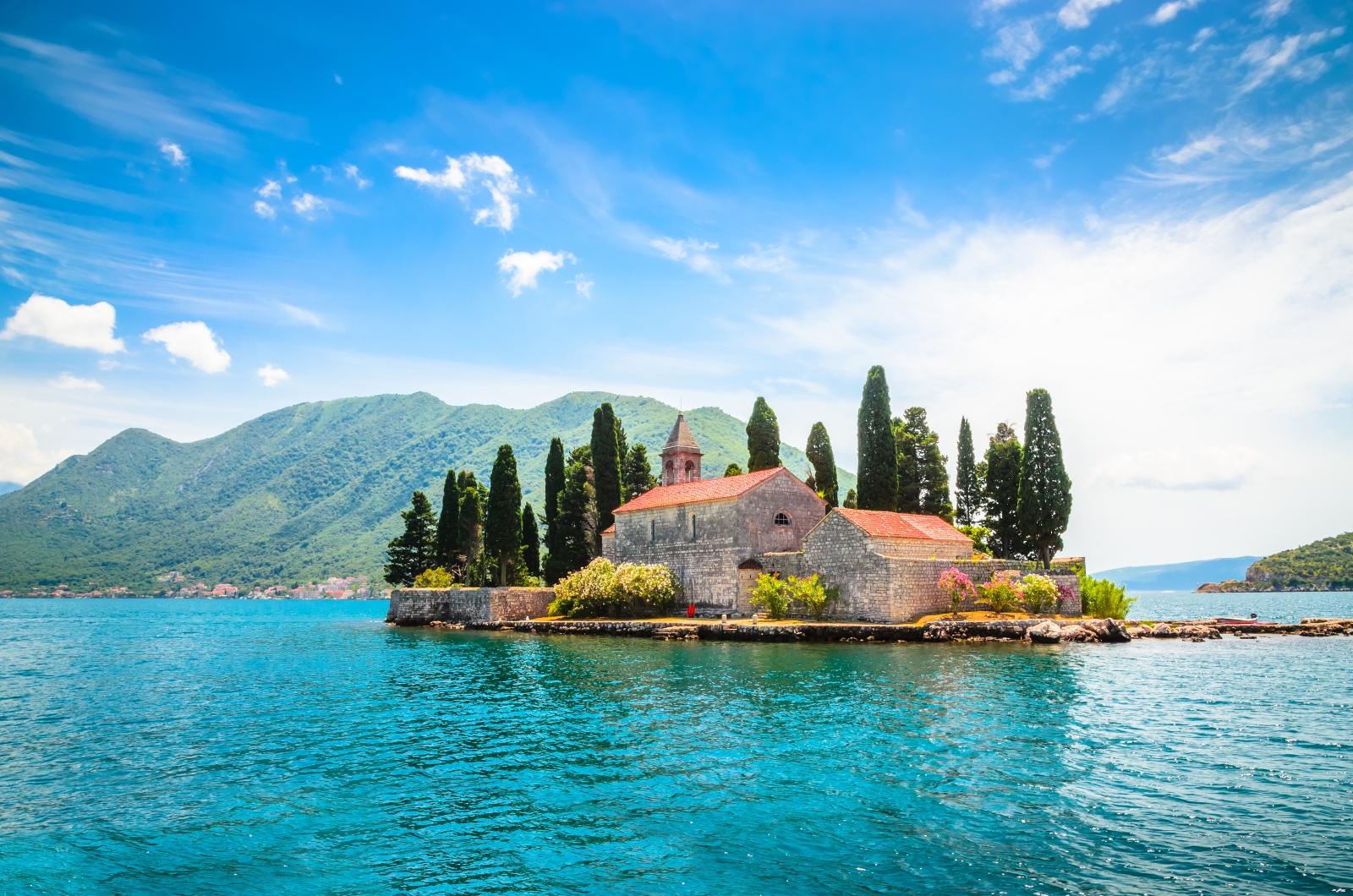 St George Island off Kotor, Montenegro, surrounded by lush turquoise waters of the Mediterranean