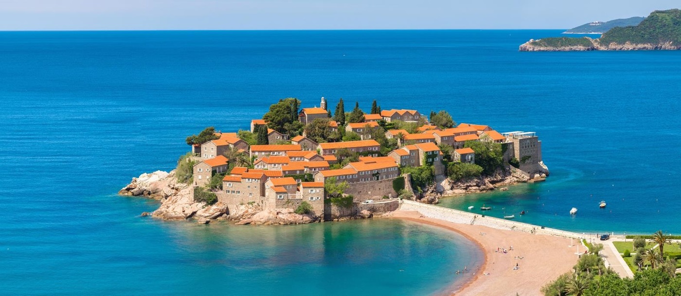View of the peninsula Sveti Stefan and its surrounding turquoise waters