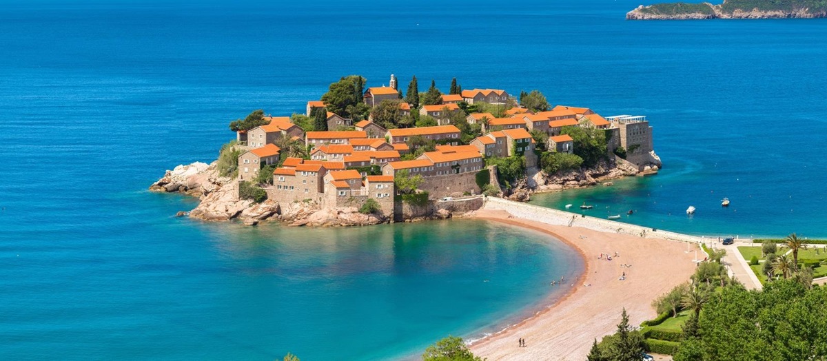 View of the peninsula Sveti Stefan and its surrounding turquoise waters