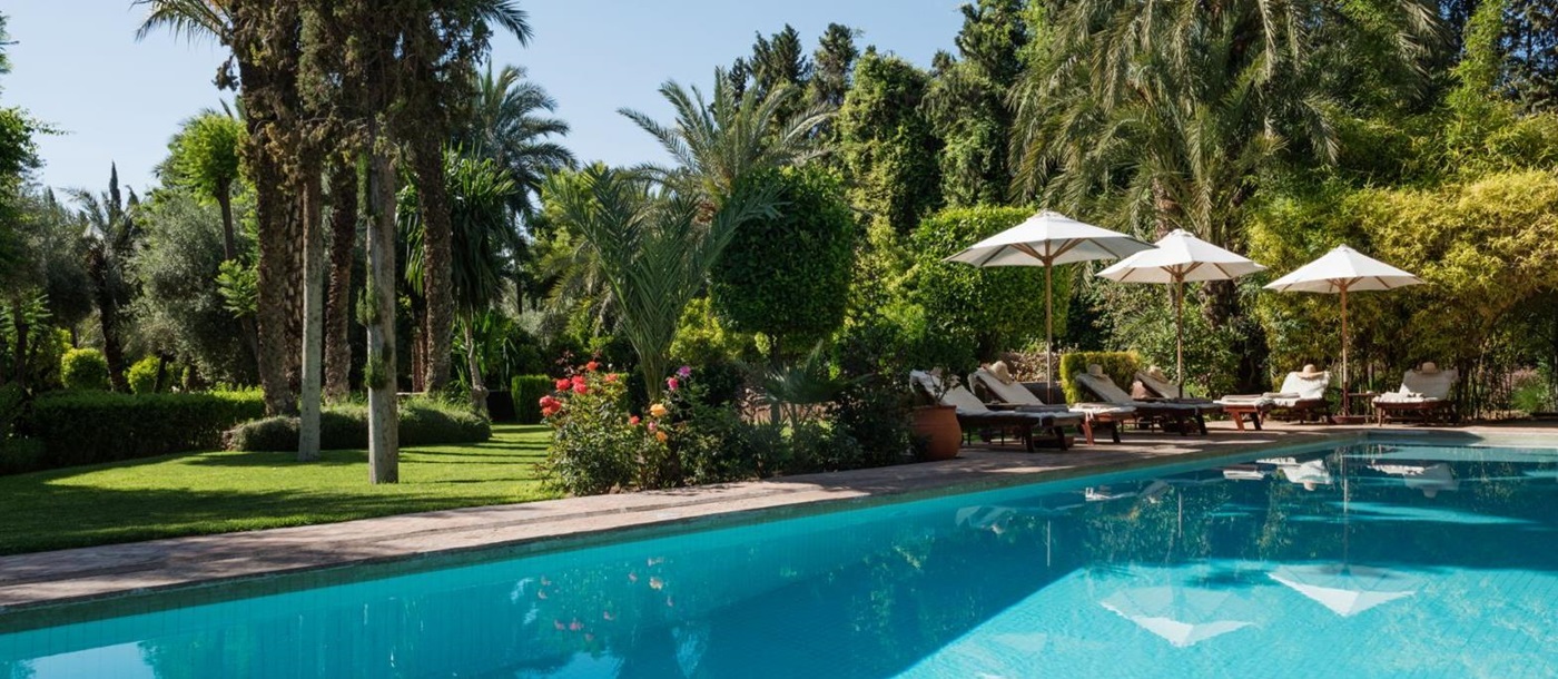 The pool, set in lush green gardens, with sunbeds and sun umbrellas at Dar Zemora in Morocco