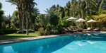 The pool, set in lush green gardens, with sunbeds and sun umbrellas at Dar Zemora in Morocco