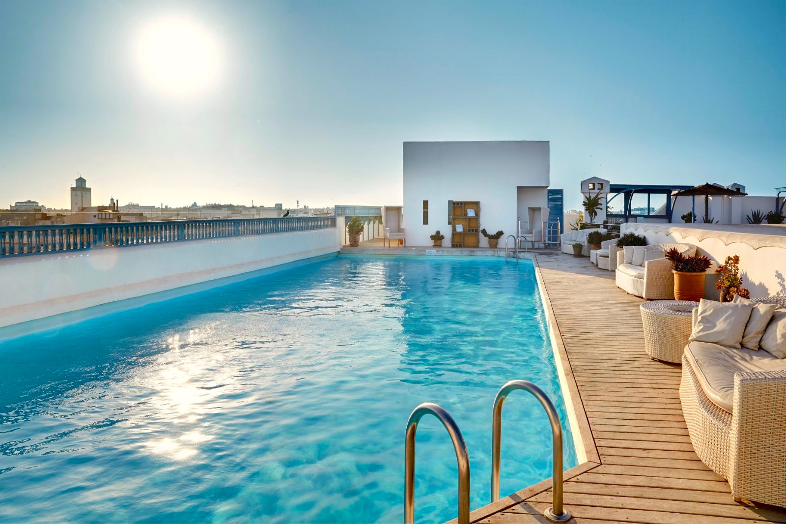 Heated swimming pool at Heure Bleue Palais luxury hotel in Essaouira