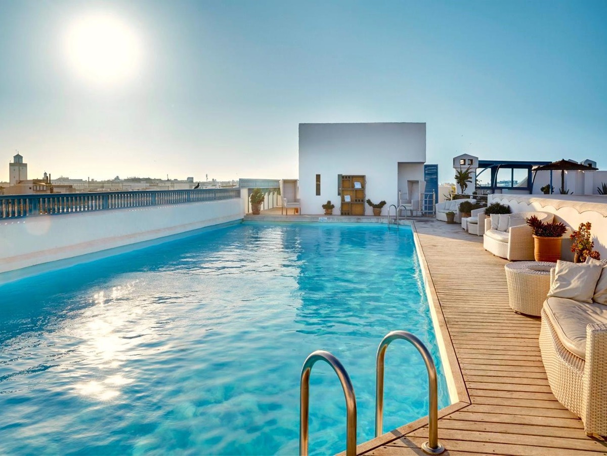 Heated swimming pool at Heure Bleue Palais luxury hotel in Essaouira