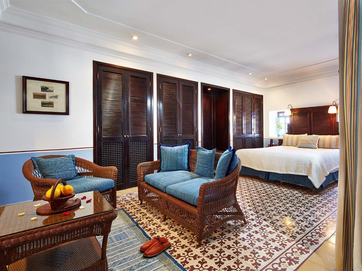 Guest suite at Heure Bleue Palais luxury hotel in Essaouira
