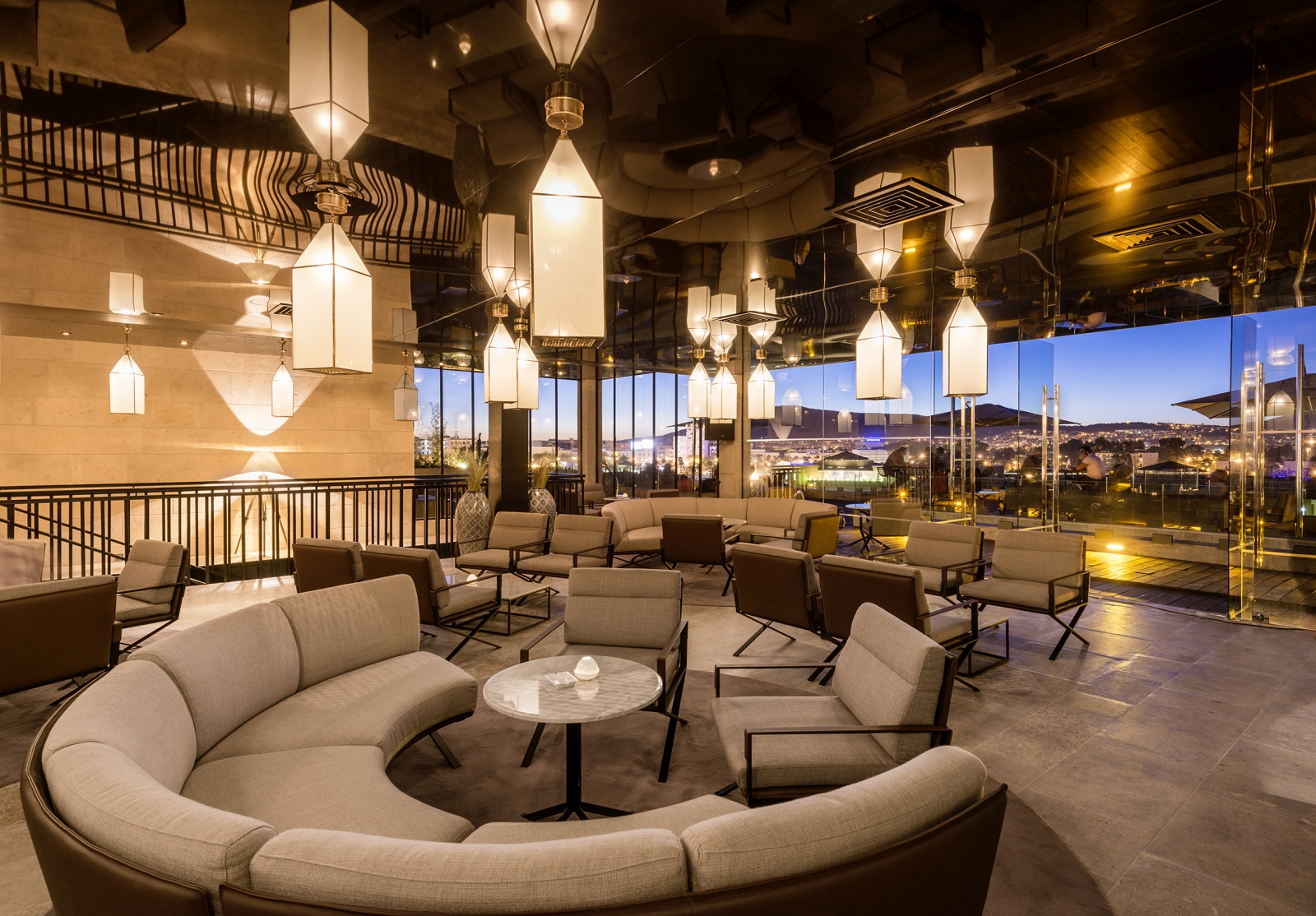 Lounge at Hotel Sahrai overlooking the medina of Fez at night