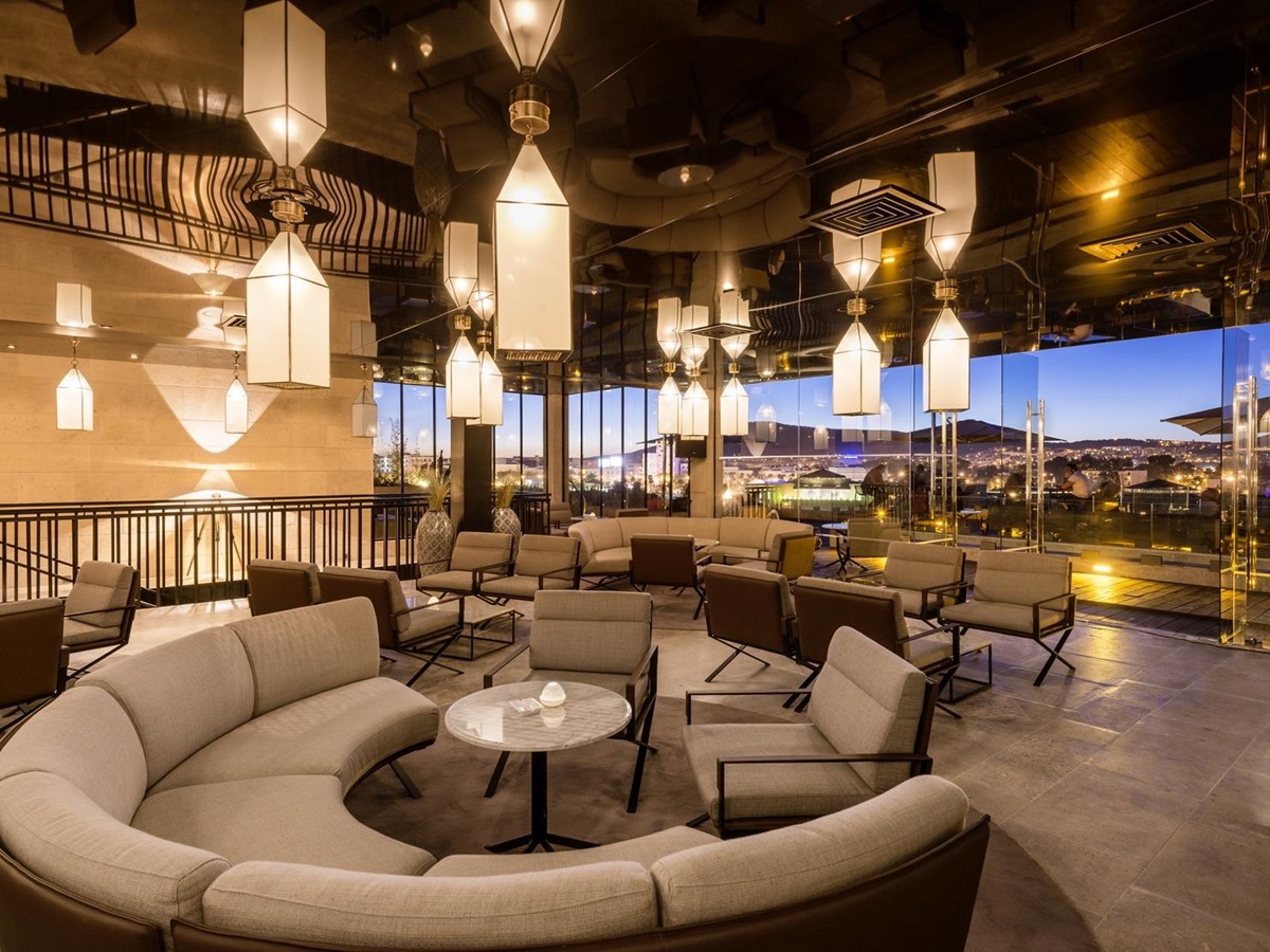 Lounge at Hotel Sahrai overlooking the medina of Fez at night