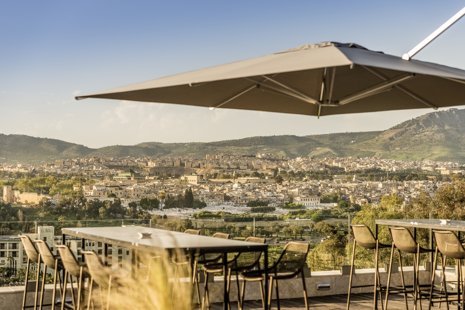Terrace seating overlooking the Medina of Fez at Hotel Sahrai