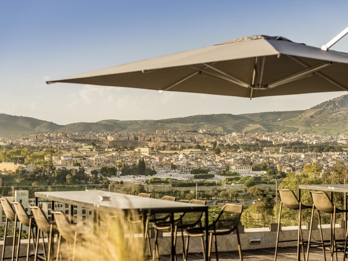 Terrace seating overlooking the Medina of Fez at Hotel Sahrai