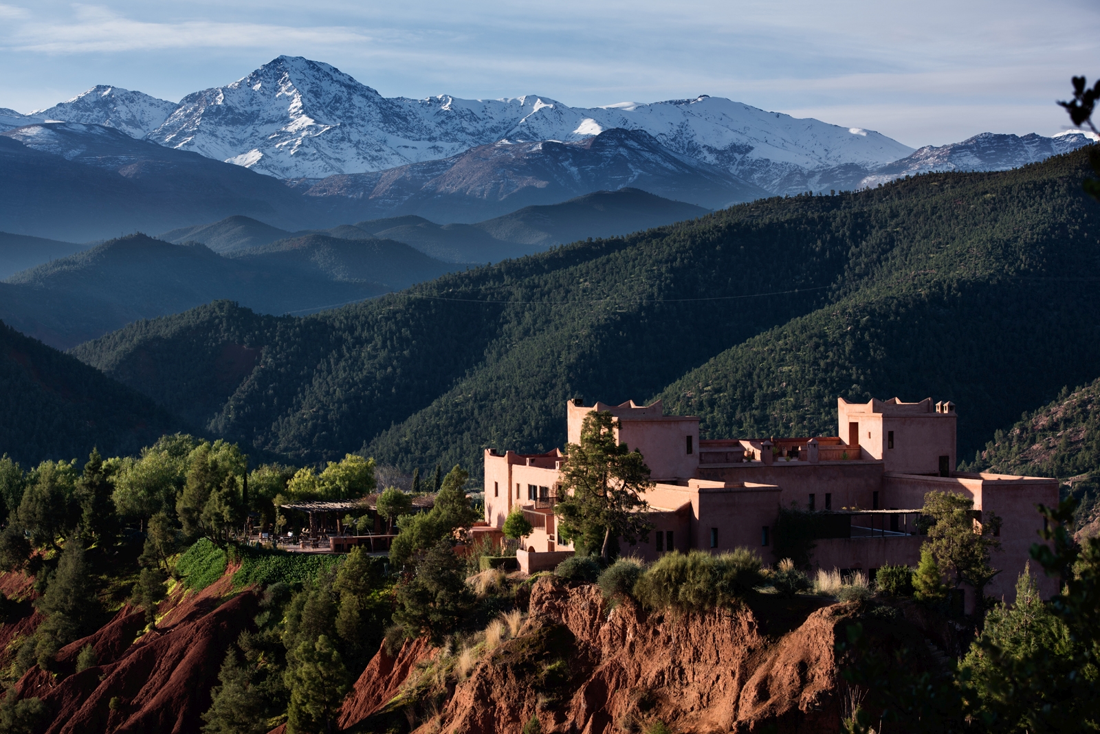 Aerial view of Kasbah Bab Ourika and its impressive location in the Atlas Mountains