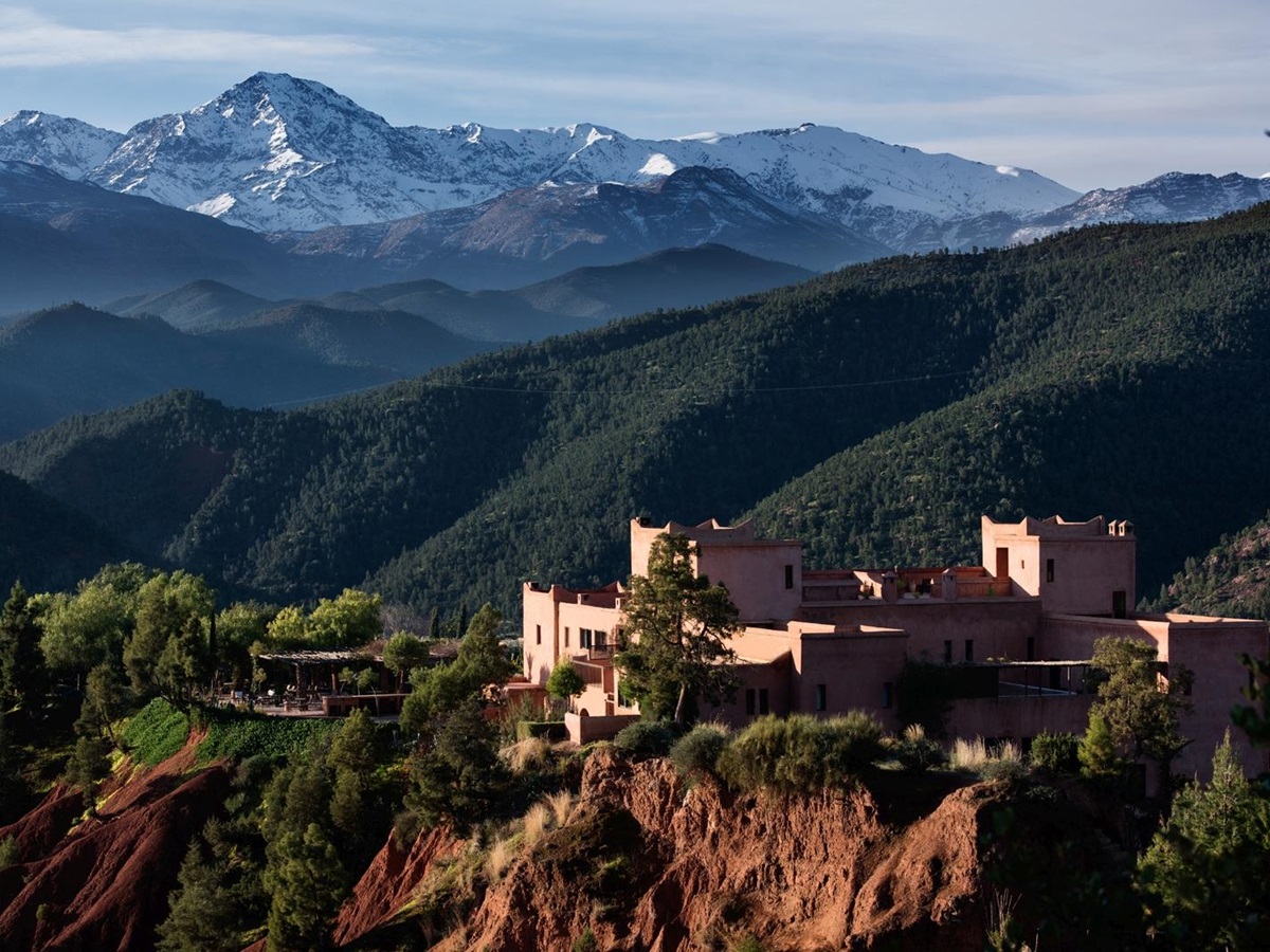 Aerial view of Kasbah Bab Ourika and its impressive location in the Atlas Mountains
