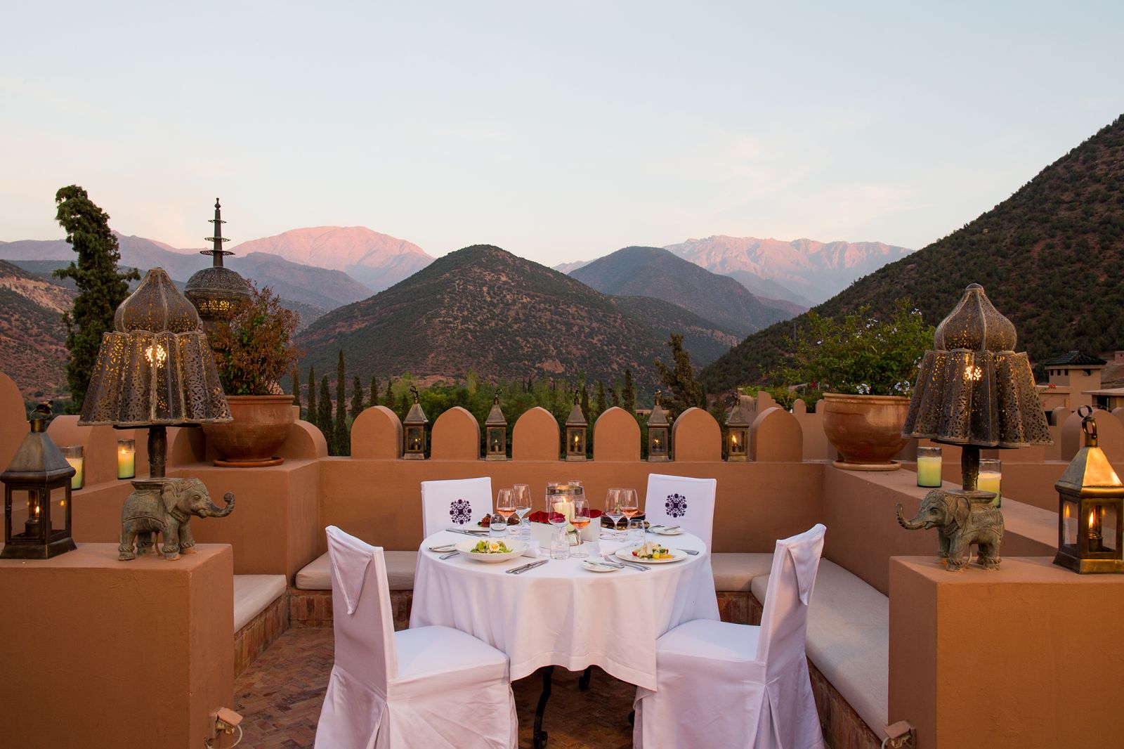 Alfresco dining on the roof of Kasbah Tamadot in the Atlas Mountains of Morocco