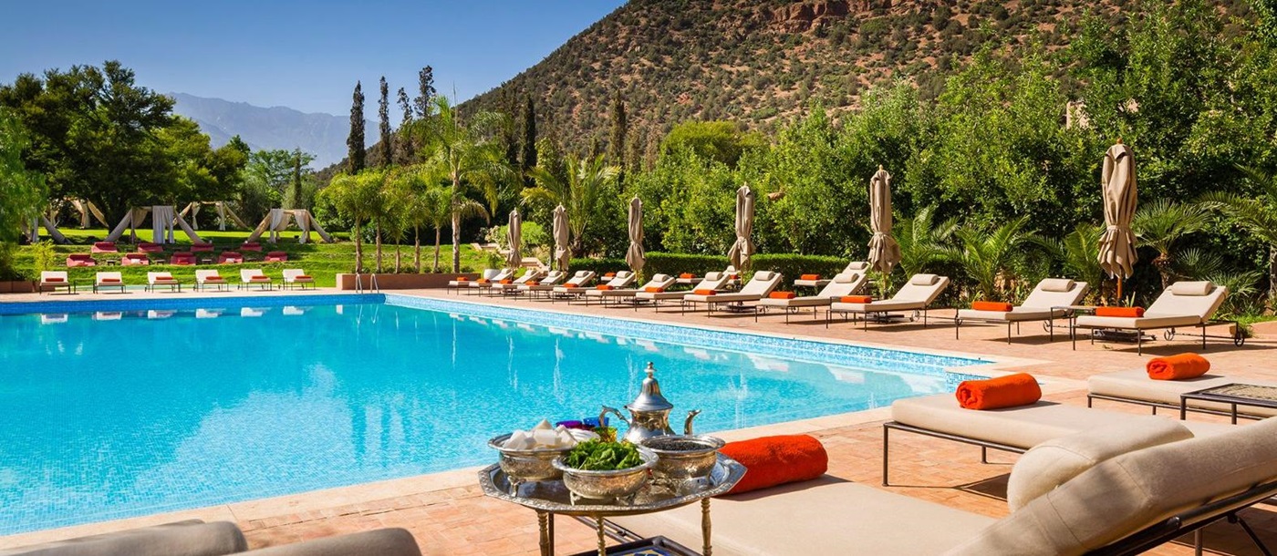 Swimming pool at Kasbah Tamadot in the Atlas Mountains of Morocco
