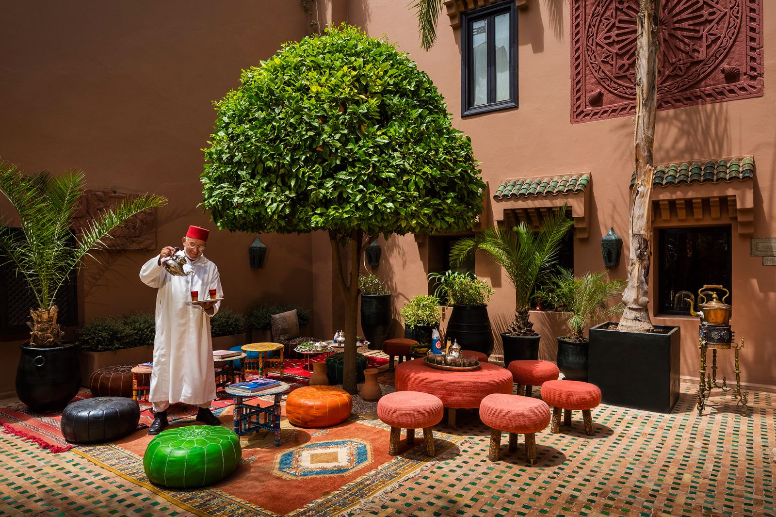 Moroccan tea garden at Kasbah Tamadot in the Atlas Mountains of Morocco