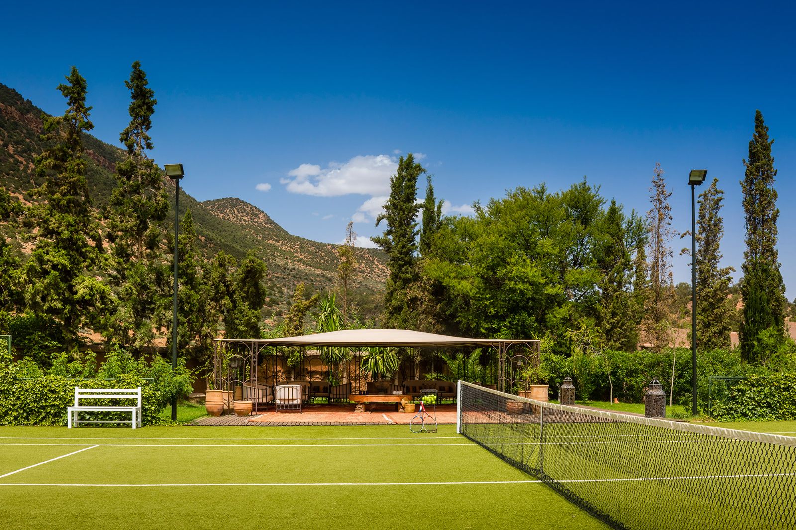 Tennis court at Kasbah Tamadot in the Atlas Mountains of Morocco