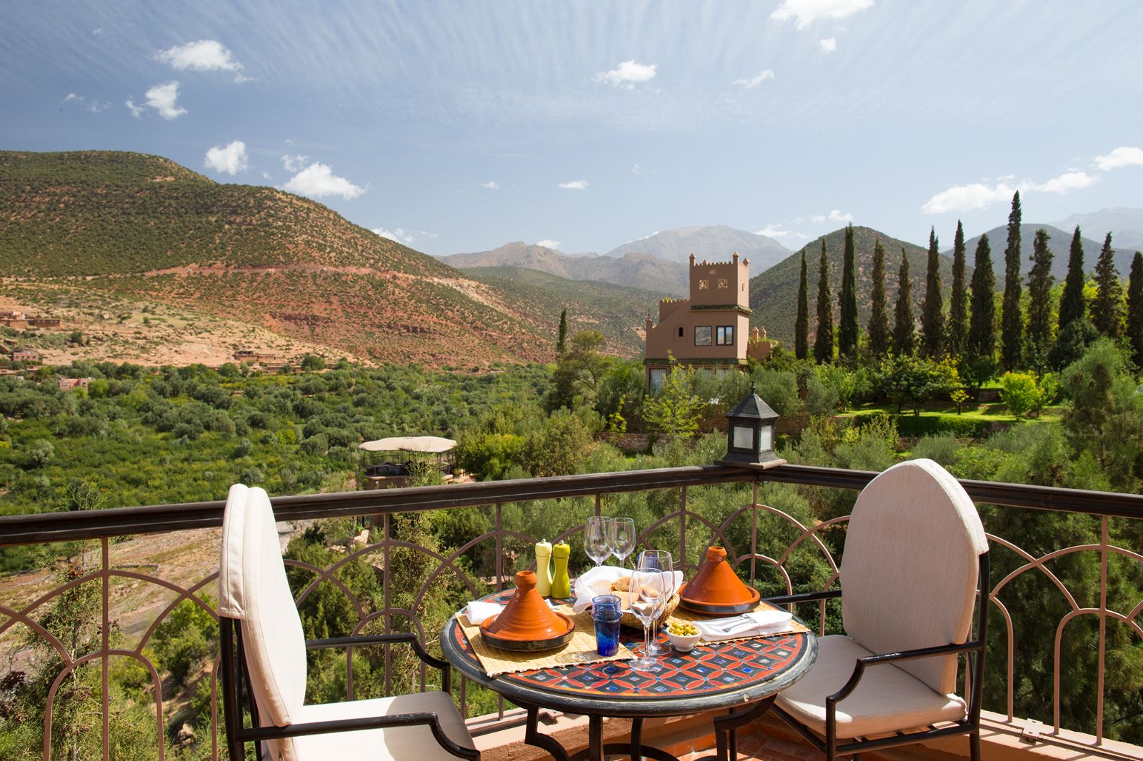 Terrace lunch with views at Kasbah Tamadot in the Atlas Mountains of Morocco