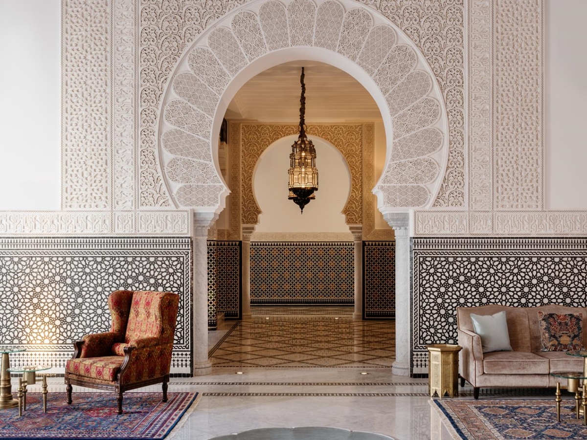 Interior of reception ath The Oberoi Marrakech with water feature and mosaics
