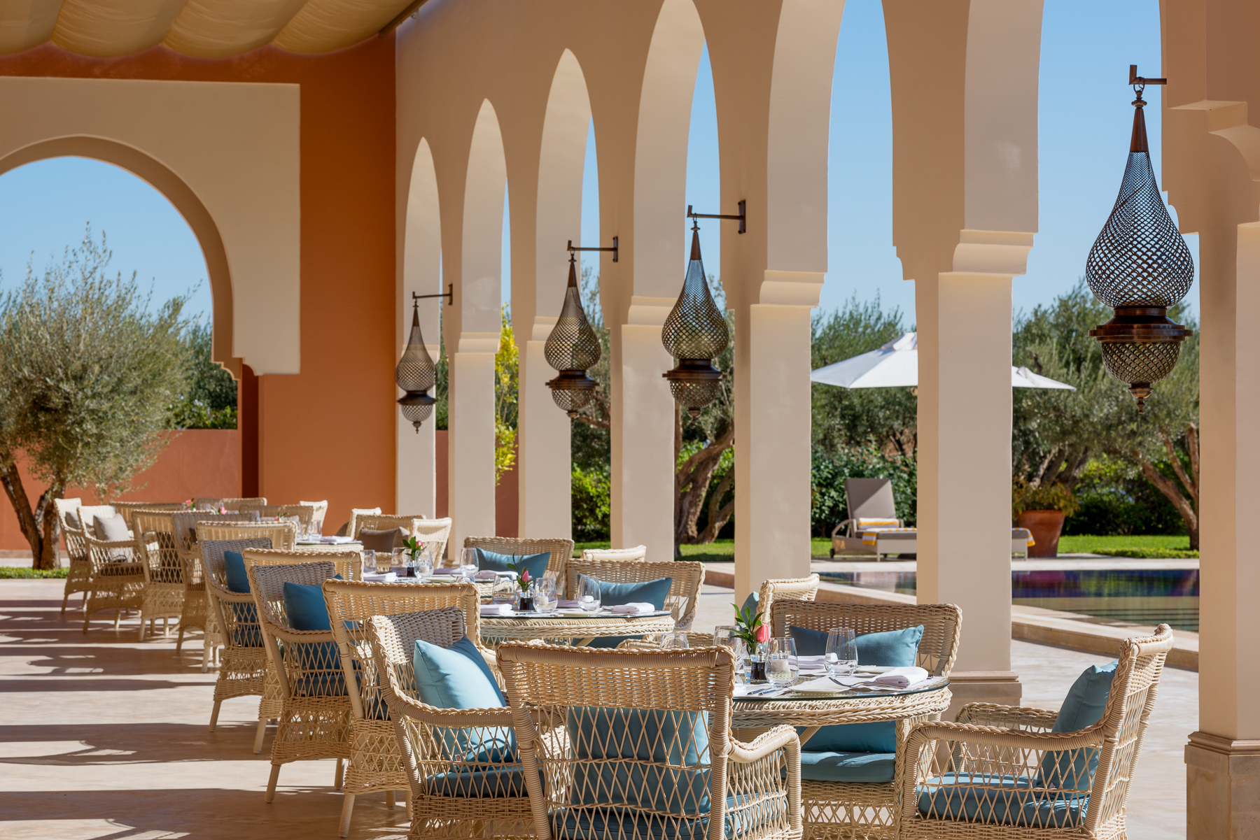 Azur restaurant outdoor seating at the Oberoi Marrakech hotel in Morocco