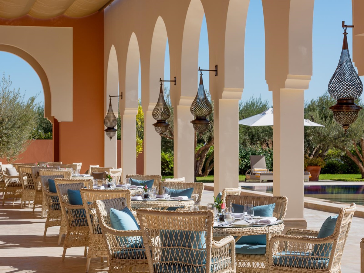 Azur restaurant outdoor seating at the Oberoi Marrakech hotel in Morocco