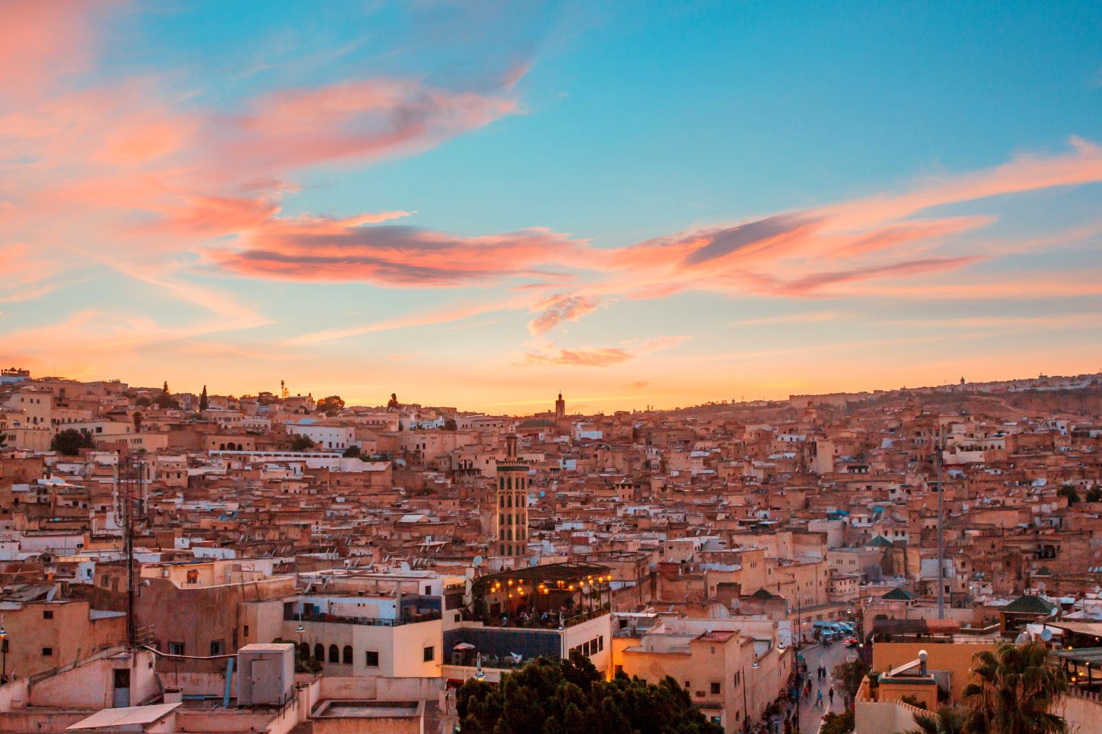A Moroccan cityscape at sunset