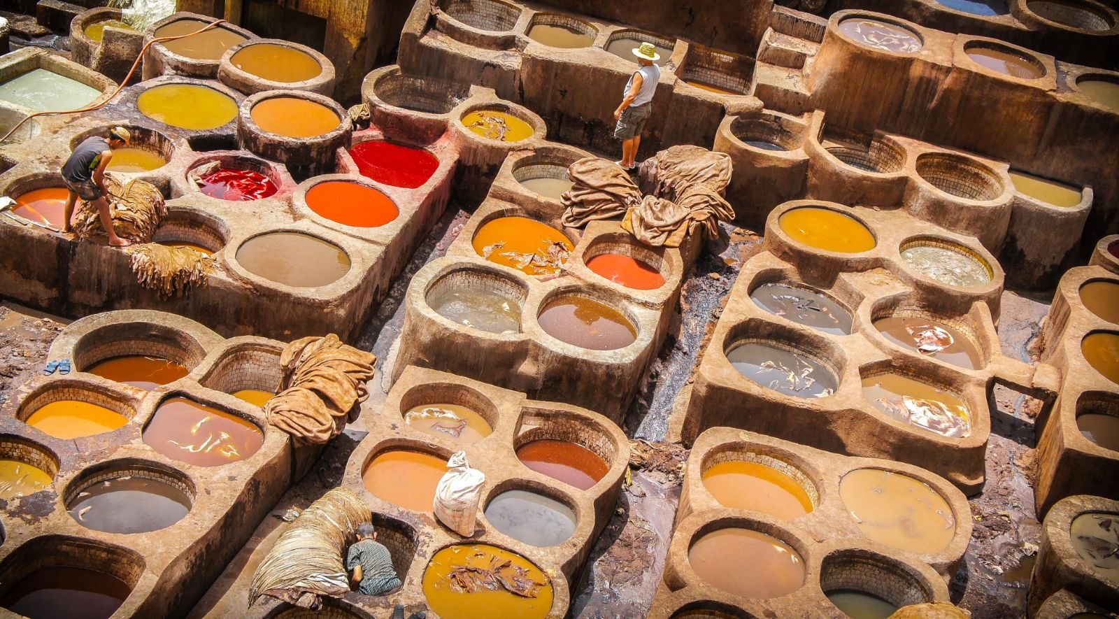 Aerial view of men at work in the Fez tannery