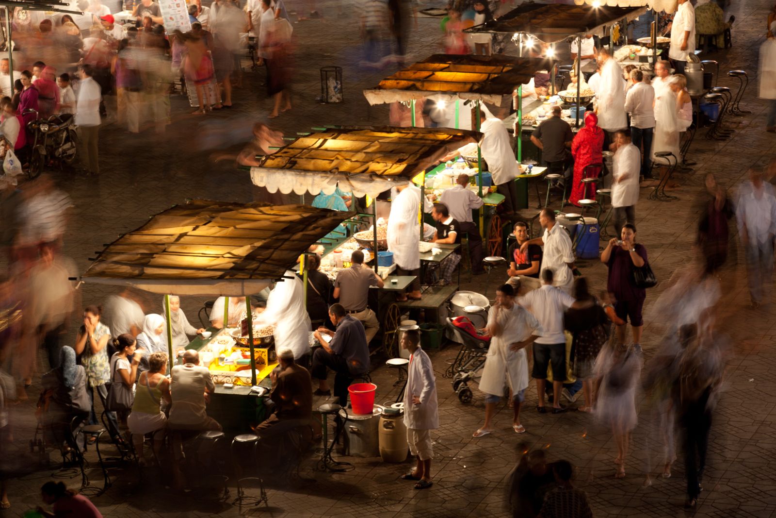 Souq at the Djemaa el-Fna square in Marrakech by night